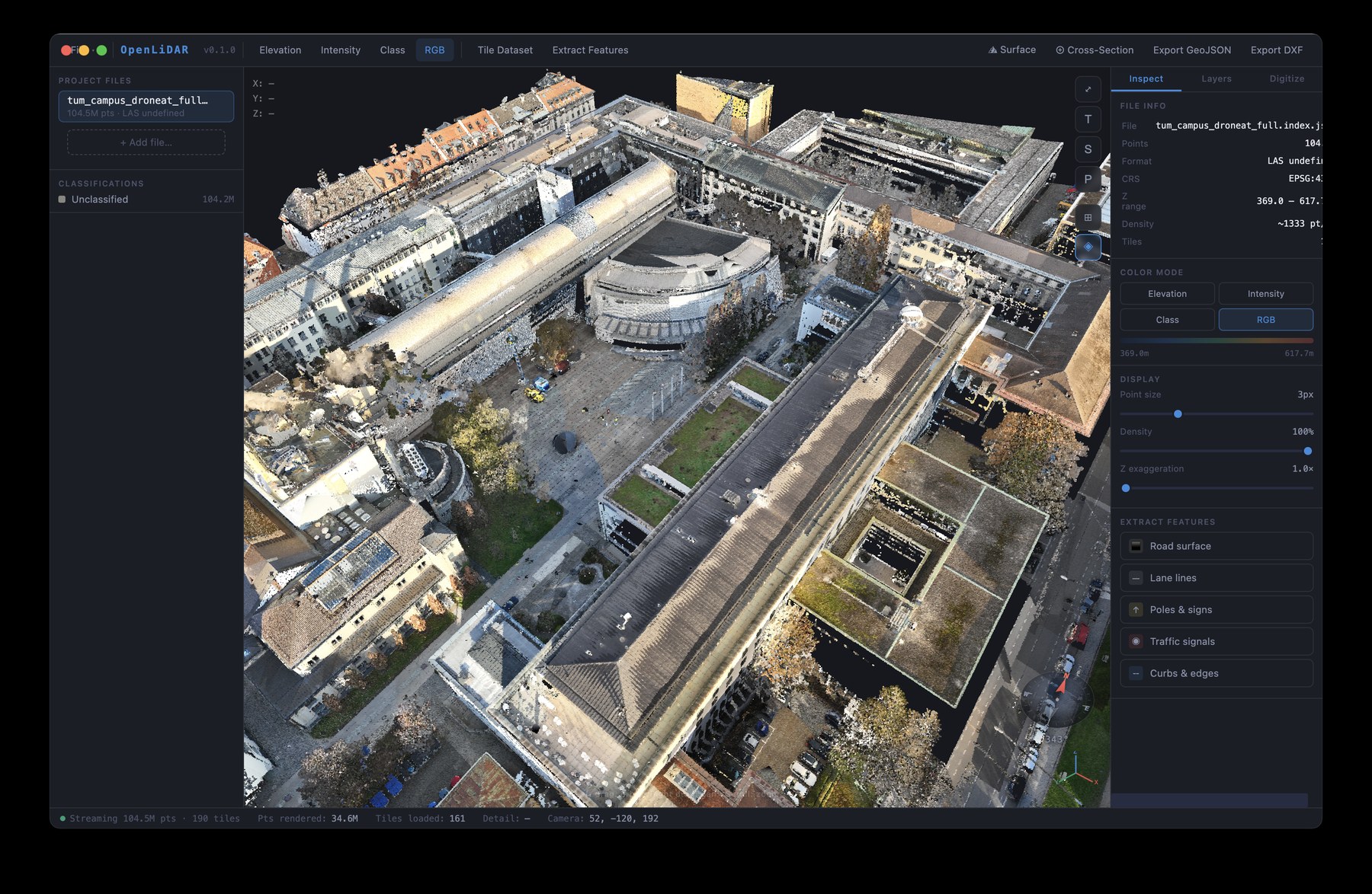 The coloured LiDAR point cloud over the campus core streaming in the AG2I OpenLiDAR application, with file information, colour mode and feature-extraction panels