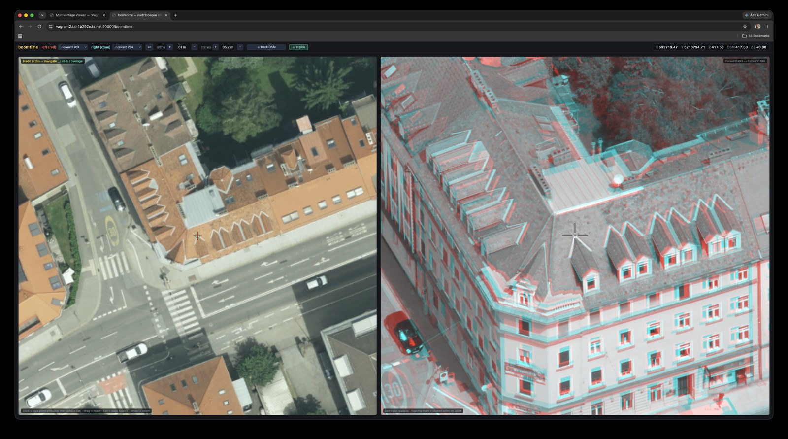 OpenStereo multivantage viewer: a nadir orthophoto beside an oblique red-cyan anaglyph stereo model of a corner building in Graz, with a floating mark set on the structure