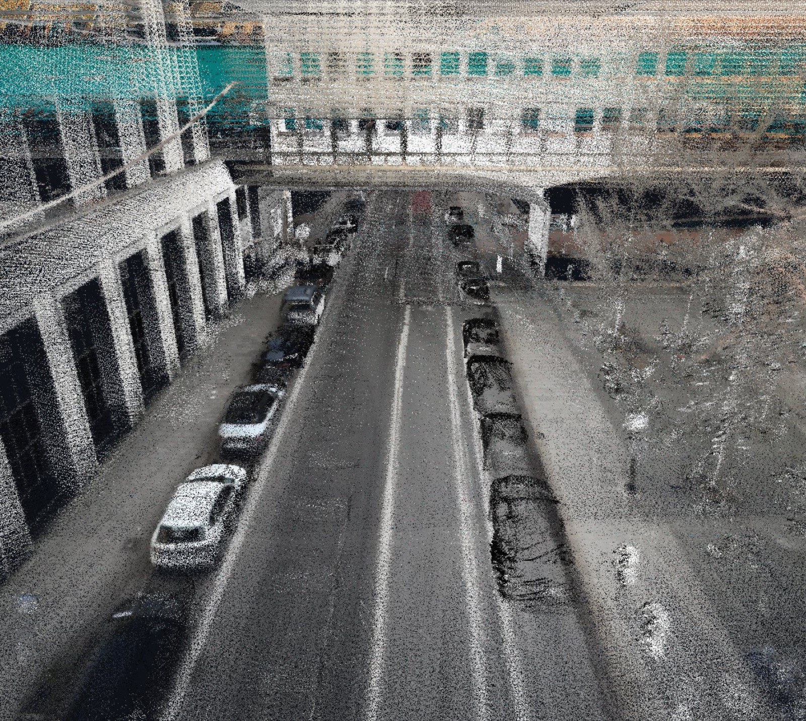 The locked 2016 mobile survey in normalised reflectance over the drone control in true colour, with lane markings, kerbs and parked cars