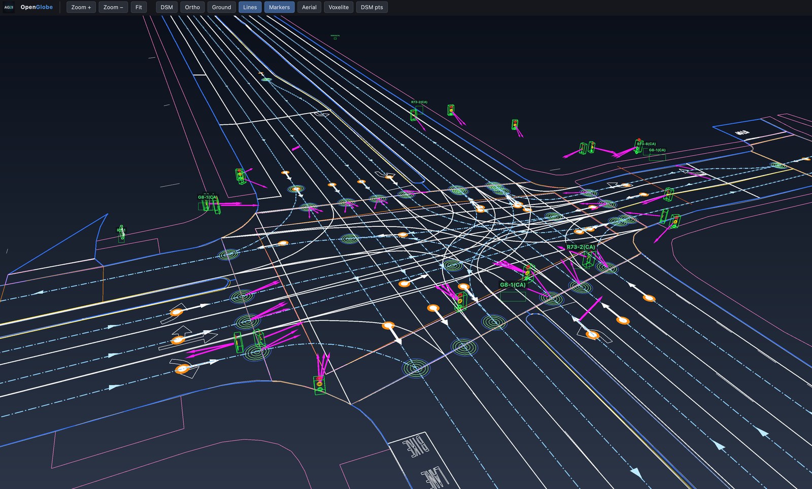 HD-map vector set — lane edges and centres, road markings, signs, and signals — rendered in 3D without a surface
