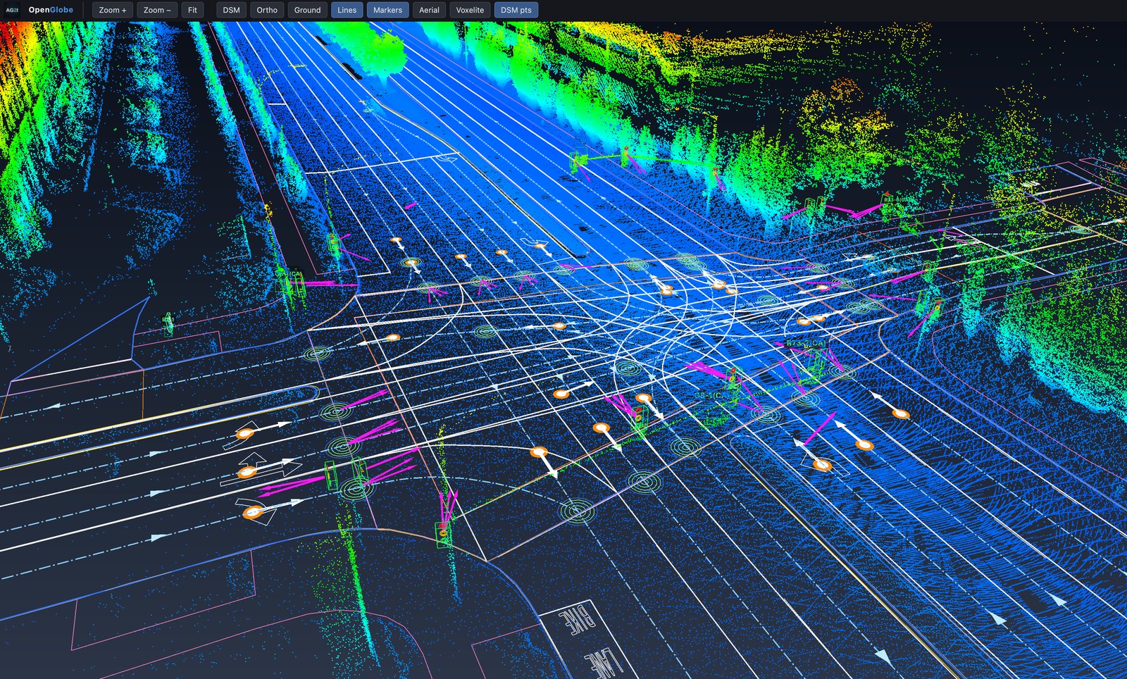 HD-map vectors with an uncontrolled mobile-LiDAR point cloud added, supplying dense 3D scene geometry