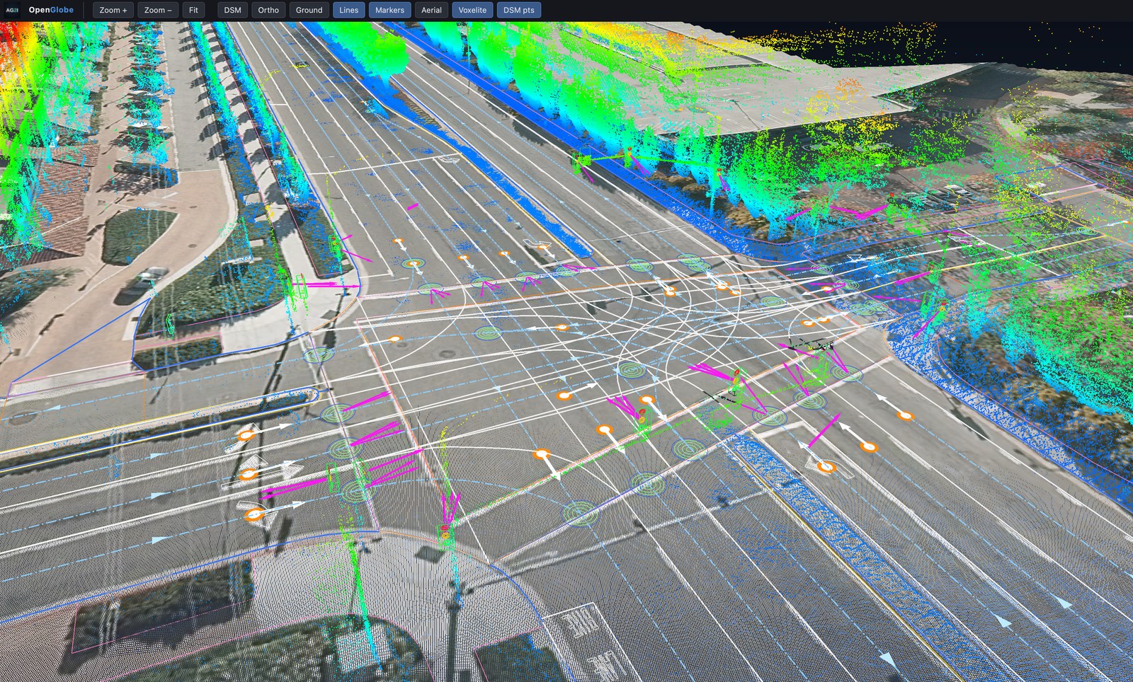 The Voxelite control surface added: the photoreal road surface appears at its surveyed elevation with the HD-map vectors registered to it and the mobile LiDAR in context